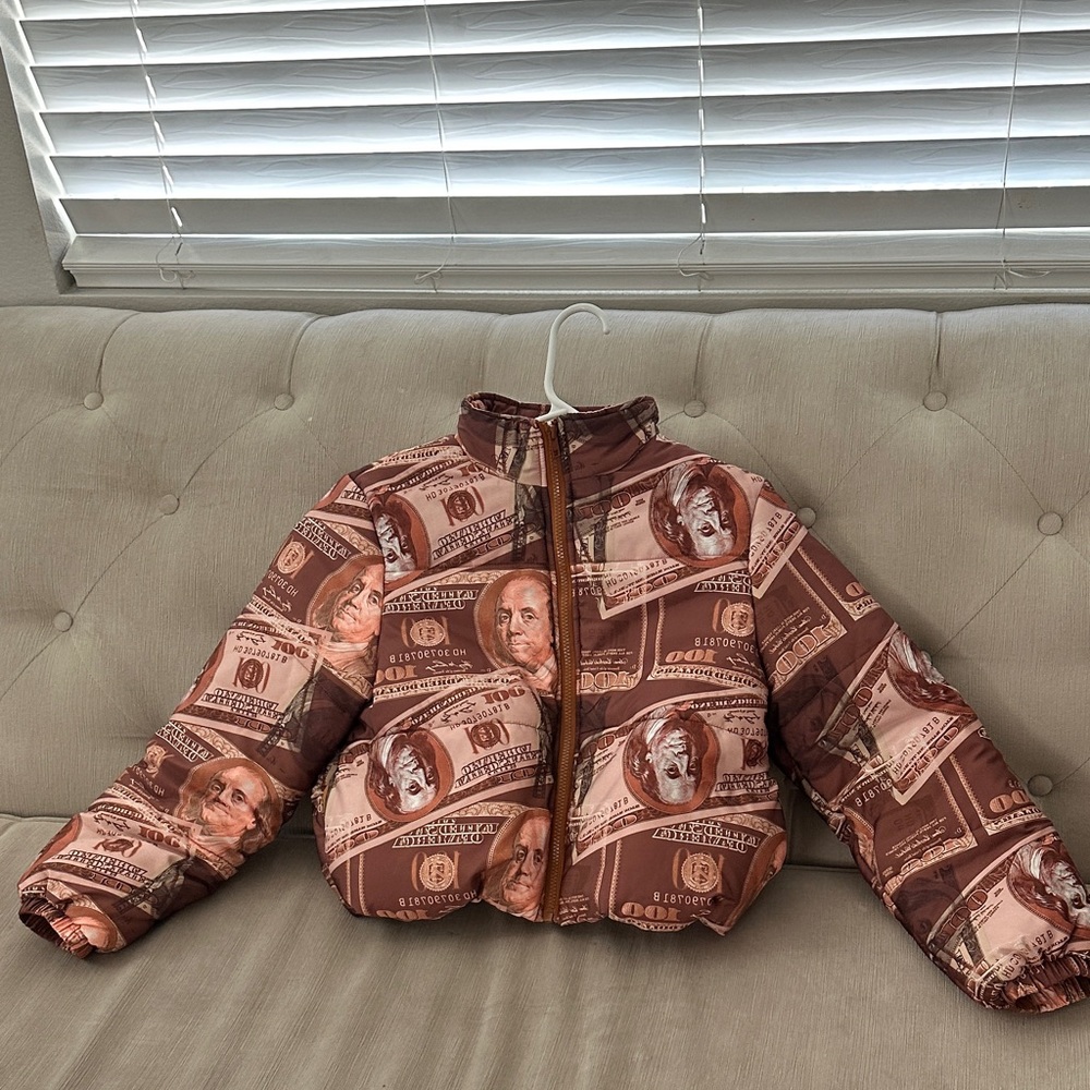 Brown Money-Print Puffer Jacket